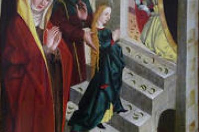 Gothique tardif international, Anonyme, Présentation de la Vierge au Temple, École rhénane, XVe siècle, huile sur bois, 74x46 cm. - Agrandir l'image 1 sur 3, fenêtre modale
