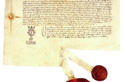 Reproduction photographique d’un parchemin. Acte de ratification par la reine Yolande et le roi Louis III du traité conclu avec le Duc de Savoie Amédée VIII lui reconnaissant la possession de Nice et des terres neuves de Provence, 1419. - Agrandir l'image 2 sur 7, fenêtre modale