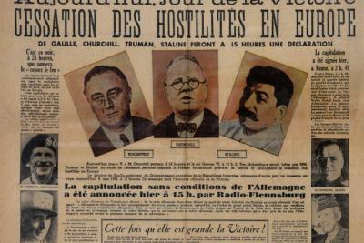 Reproduction photographique d’une page de journal. Une du journal Le Patriote, 8 mai 1945. - Agrandir l'image 7 sur 7, fenêtre modale