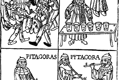 Gravure sur bois montrant Pythagore avec des cloches, une sorte d'harmonica de verre, et un monocorde (orgue?) Pipes en accord pythagoricien. De Theorica musicae par Franchino Gaffurio, 1492 (1480?) - Agrandir l'image 5 sur 9, fenêtre modale