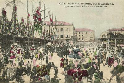 Nice, grande tribune, Place Masséna, pendant les fêtes du carnaval, 1905, carte postale - Agrandir l'image 2 sur 4, fenêtre modale