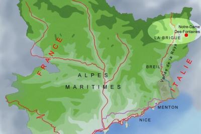 Carte des Alpes-Maritimes situant La Brigue et Notre-Dame-des-Fontaines - Agrandir l'image 7 sur 19, fenêtre modale