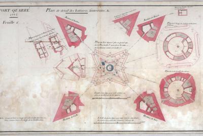 Plan aquarellé des bâtiments et souterrains du fort avec indications des cotes de niveau et détail des bastions, logements et casernes; feuille n° 4. Document du 1 janvier 1775. Génie militaire d'Antibes. - Agrandir l'image 6 sur 6, fenêtre modale
