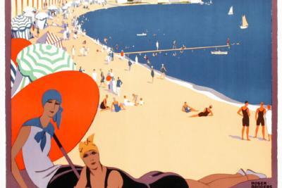 Lithographie réalisée en 1927 montrant la plage de Juan-les-Pins - Agrandir l'image 1 sur 8, fenêtre modale