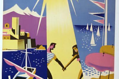 Un couple de vacanciers, l'été sous le soleil , entre la plage et le Fort Carré, affiche éditée par le syndicat d'initiative de Antibes Juan-les-Pins, (env.1935) - Agrandir l'image 2 sur 8, fenêtre modale