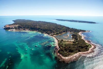 Les îles de Lérins vues d'avion - Sainte-Marguerite au premier plan, Saint-Honorat au second plan - Agrandir l'image 4 sur 9, fenêtre modale