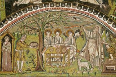 L’Hospitalité d’Abraham, 540-547, mosaïque, Église San Vitale, Ravenne - Agrandir l'image 3 sur 3, fenêtre modale