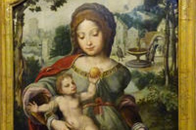 Renaissance, B.Luini (vers 1490-1532), La Vierge à l'Enfant Jésus et Saint Jean-Baptiste, École Lombarde, XVIe siècle, huile sur toile, 116x87, 5 cm. - Agrandir l'image 3 sur 3, fenêtre modale