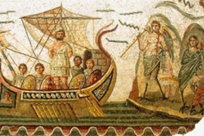 Mosaïque, IVe siècle, épisodes de l'Odyssée, ici Ulysse et les sirènes. - Agrandir l'image 4 sur 6, fenêtre modale