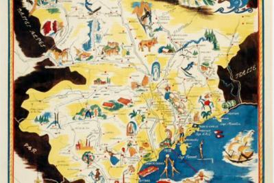 Affiche représentant une carte touristique de la Côte d'Azur éditée par le comité régional du Tourisme, illustrée par GARNIER Simone - Agrandir l'image 1 sur 5, fenêtre modale