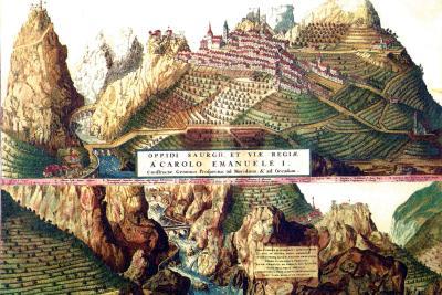 Oppidi Saurgii, et Viae Regiae A' Carolo Emanuele I, extrait du Theatrum Sabaudiae, Joan Blaeu, 1682 (Le Monastère se trouve en haut à droite) - Agrandir l'image 9 sur 14, fenêtre modale