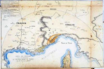 Carte aquarellée de l'impact du tremblement de terre de 1887 le long du littoral méditerranéen - Agrandir l'image 2 sur 6, fenêtre modale