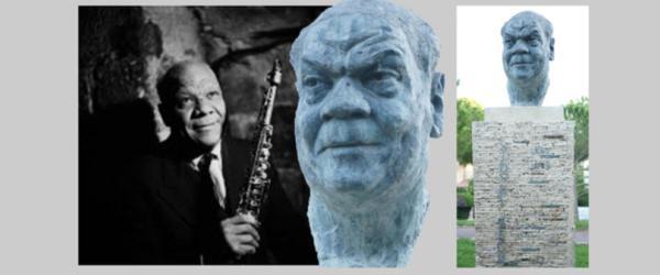 Portrait de Sydney Bechet et sculpture dans la pinède de Juan.
