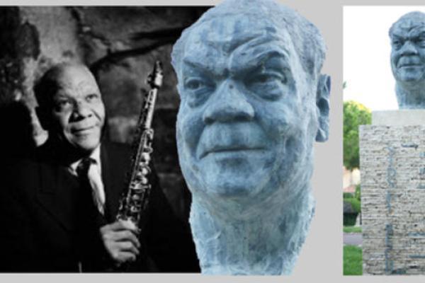 Portrait de Sydney Bechet et sculpture dans la pinède de Juan.