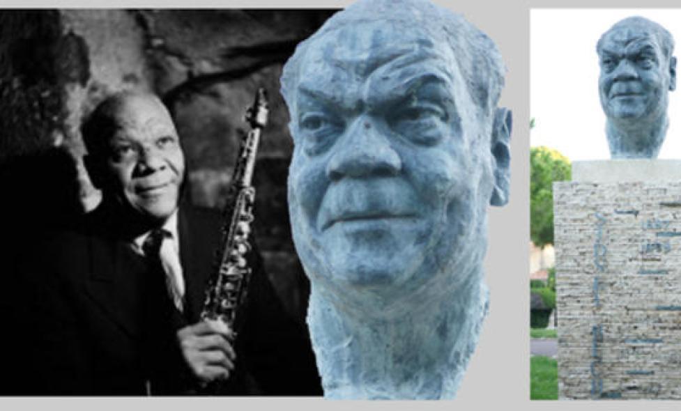 Portrait de Sydney Bechet et sculpture dans la pinède de Juan. - Agrandir l'image, fenêtre modale