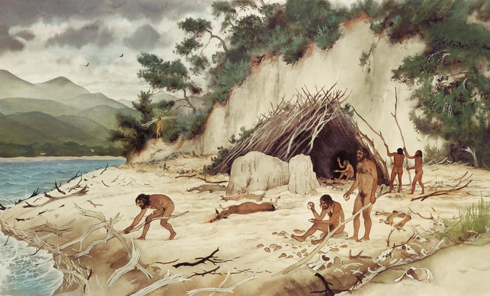 Dessin illustrant le campement préhistorique de Terra Amata - Agrandir l'image, fenêtre modale